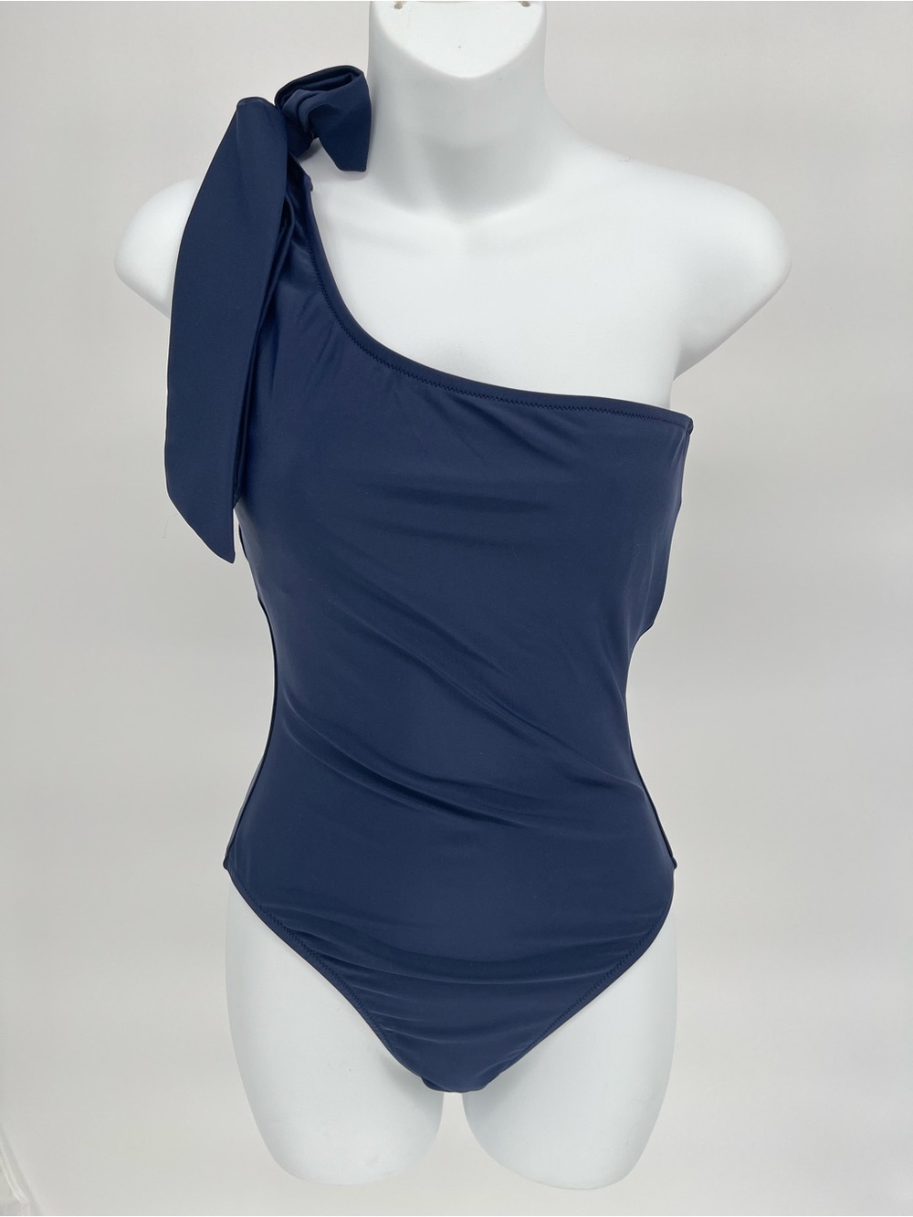 J.Crew One Shoulder Bow Swimsuit Small Navy Blue Ruched One Piece Bathing Suit - Picture 2 of 9